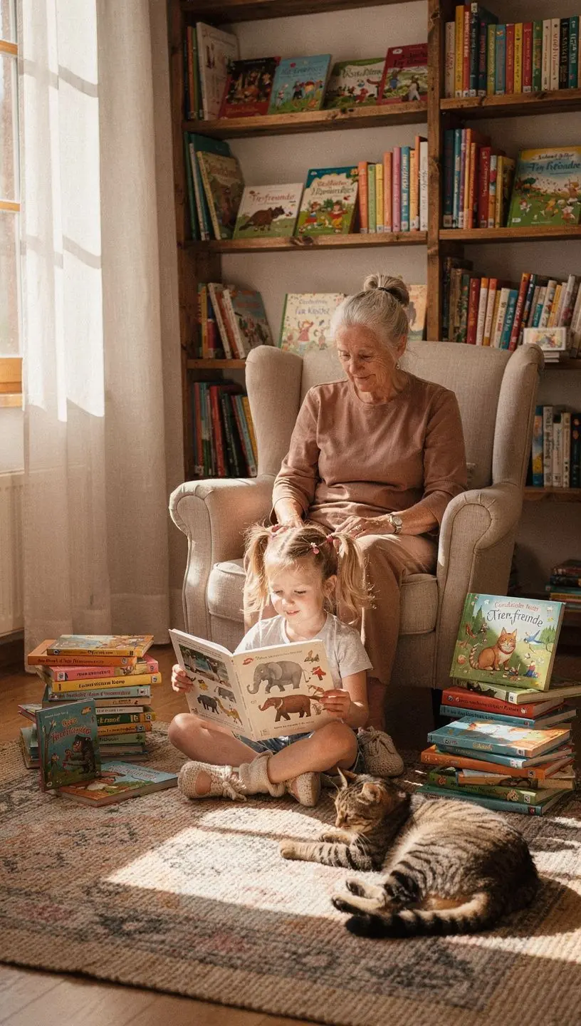 Eine Gruppe von Kindern, die gemeinsam an einem Tisch Bücher betrachten und diskutieren.