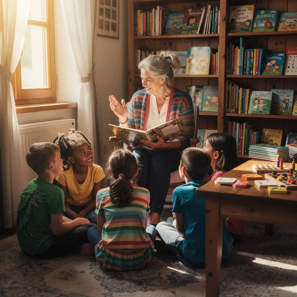 Eine Gruppe von Kindern, die gemeinsam in einer Bibliothek lesen und diskutieren.