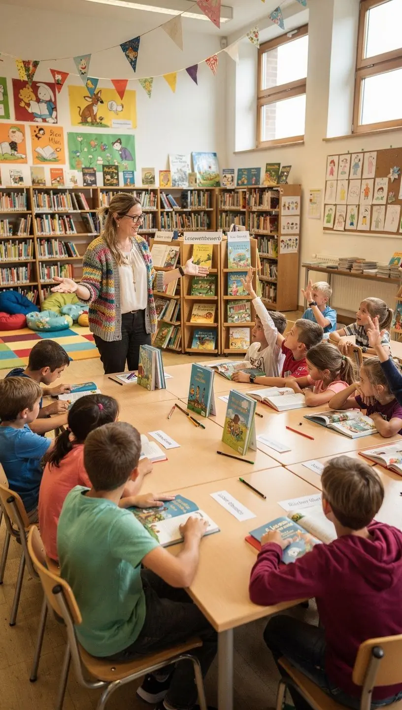 Ein Lehrer, der einer Gruppe von Schülern mit Begeisterung eine Geschichte vorliest.
