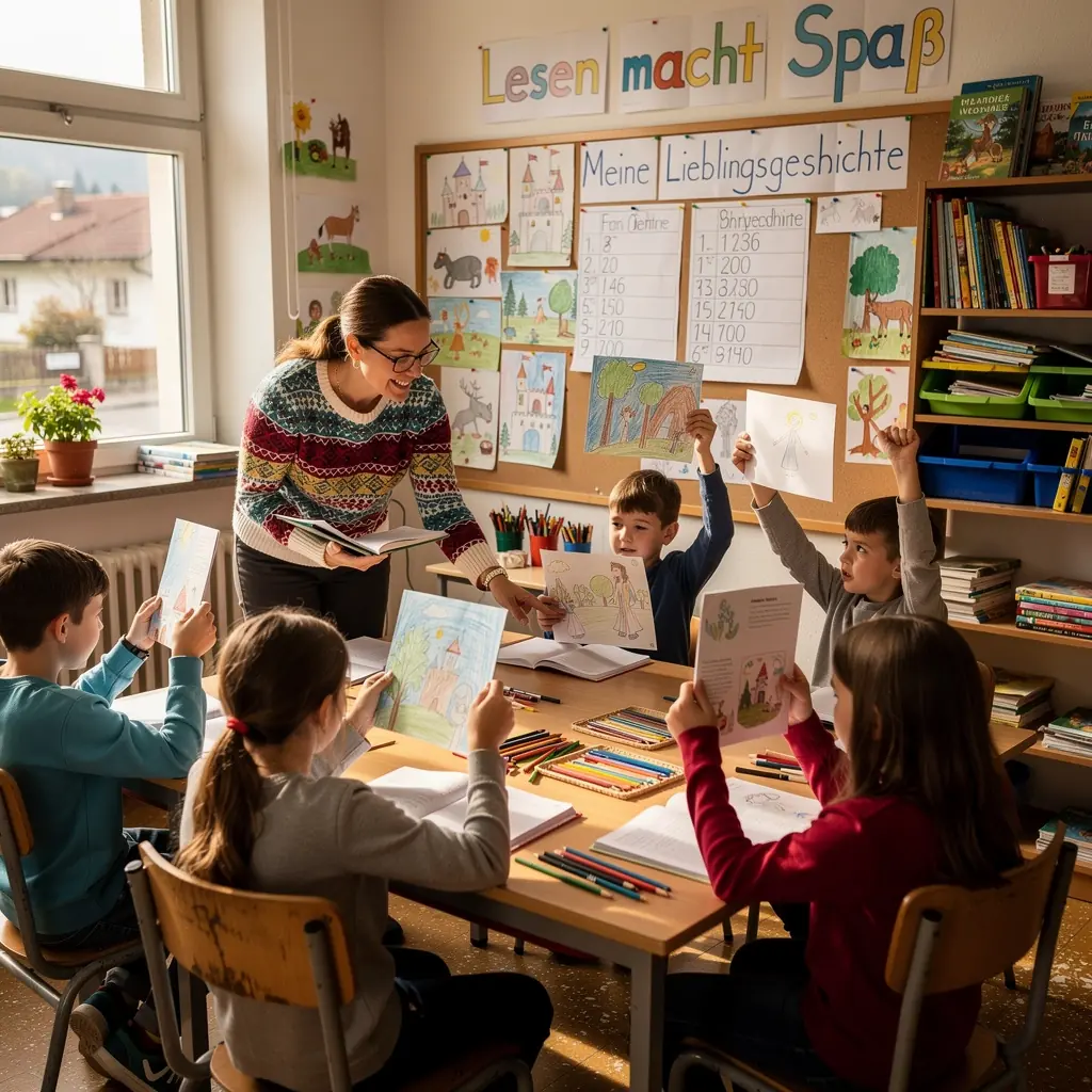 Ein Tisch mit verschiedenen KinderbГјchern und Lesehilfen, die fГјr junge Leser geeignet sind.